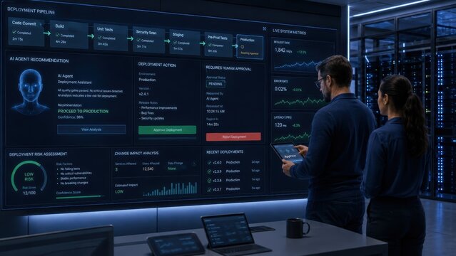Two professionals analyze AI deployment data on large digital screens in a modern high-tech office environment.