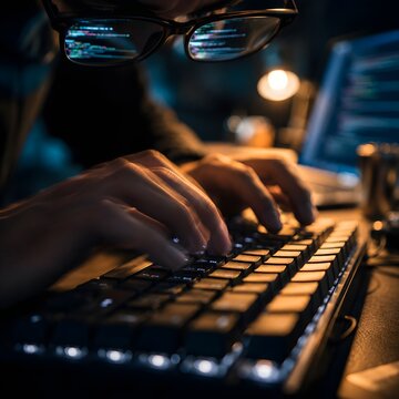  Photorealistic Developer's Hands Typing Rapidly on Mechanical Keyboard with Code Reflections in Glasses