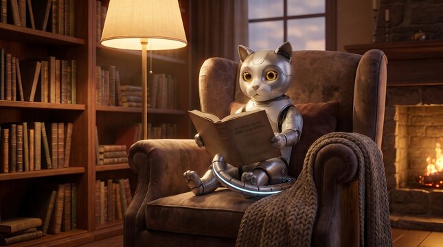 Robot cat reading book in cozy armchair by fireplace
