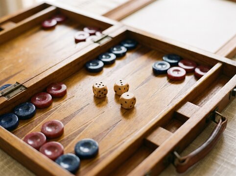 Close Up View of a Wooden Backgammon Board Game with Dice and Game