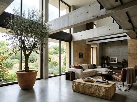High-Ceiling Modern Living Room with Concrete Beams and Olive Tree