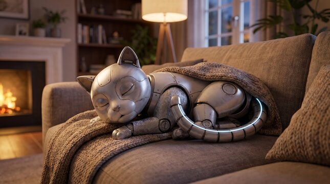 Robot cat sleeping on cozy sofa under warm blanket