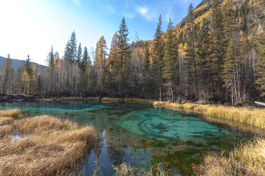 Turquoise thermal lake in Ulagan district near the village of Aktash in autumn. Altai Republic, Russia