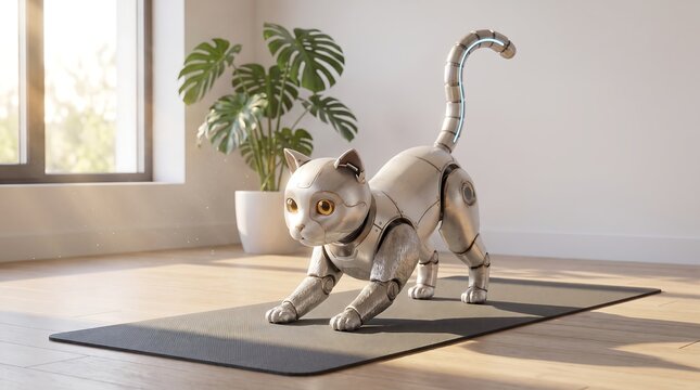 Robot cat stretching on yoga mat in sunny home