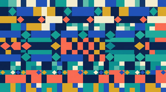 Abstract geometric pattern with colorful squares and rectangles on a dark blue background