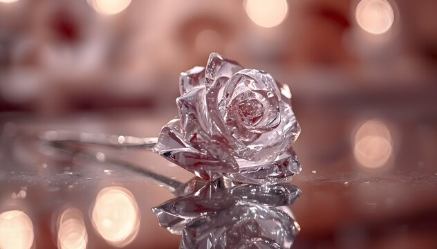 Elegant crystal rose on reflective glass, subtle sparkle, luxury studio composition