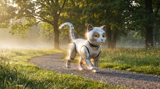 Robot cat jogging on park path at sunrise