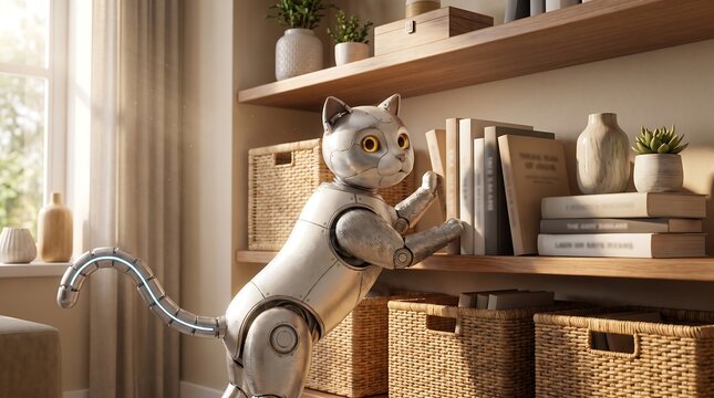 Robot cat organizing books and storage shelf at home