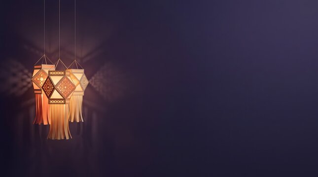 Diwali lanterns hanging against dark purple background for festive celebration with illumination
