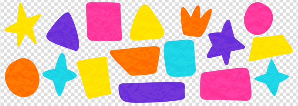 Bright circles, stars, triangles, squares, and rounded rectangles create a bold pattern. Great for dopamine colors campaigns, packaging, posters, and advertising.