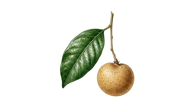 A single fresh ripe sapodilla fruit with a green leaf hanging from a stem on white background