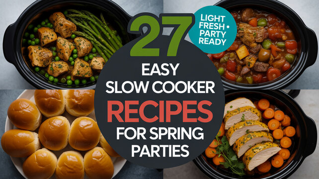 A food photography collage featuring four different slow cooker recipes arranged in a 2x2 grid (1)