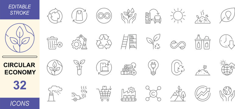Circular economy line icon set. Featuring recycling, reuse, repair, waste recovery, resource efficiency, sustainability and lifecycle concepts. Editable stroke.