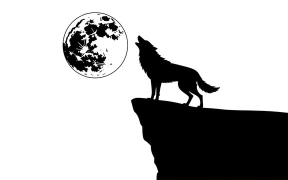 Wolf howling at full moon on cliff edge silhouette vector.