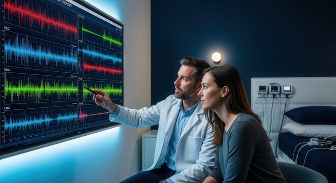 Doctor Explaining Medical Data on Large Screen to Patient in Sleep Lab
