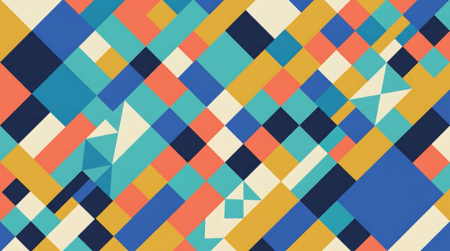 Abstract geometric pattern with colorful squares and diagonal lines in blue yellow and orange
