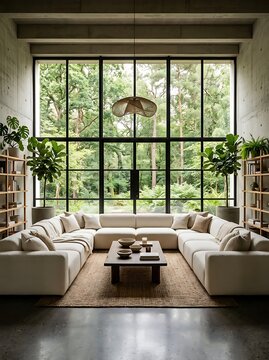 Symmetrical Eco-Brutalist Living Room with Concrete Floor and Modular Sofa