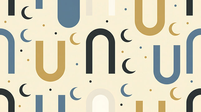 Seamless pattern with bohemian arches and crescent moon shapes in blue gold and beige colors