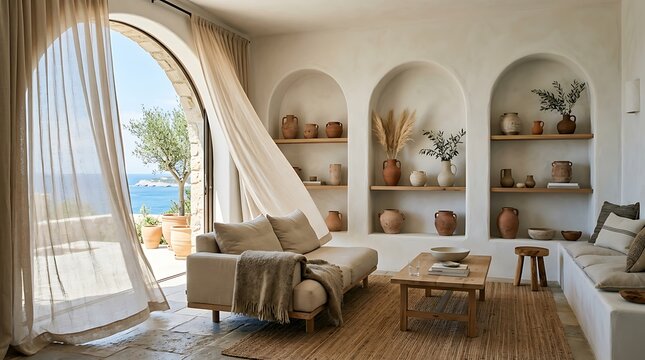 Mediterranean Minimalist Living Room with Arched Alcoves and Clay Pottery