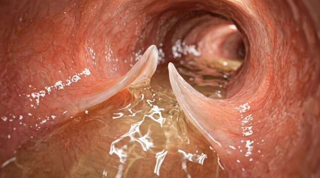 Bicuspid valve action inside human lymphatic vessel, allowing pale amber fluid flow, preventing backflow through translucent biological endothelium, demonstrating microvascular anatomy.