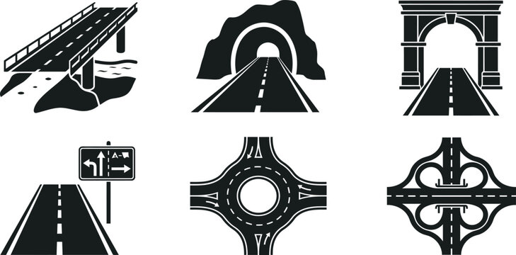 Road infrastructure icon set, black highway and bridge vector symbols, 6 transportation elements for logistics and navigation maps