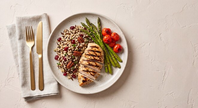 Top View Grilled Chicken Plate With Wild Rice And Asparagus For A