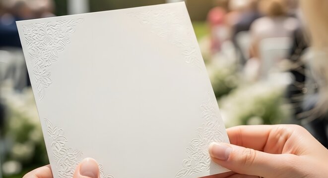 A close-up of a person's hands holding an elegant, blank off-white card with embossed corners at a sunny outdoor wedding ceremony.