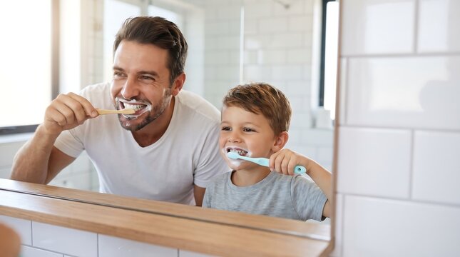 Happy Father and Son Brushing Teeth Together in Bathroom Mirror for Dental Hygiene and Oral Care