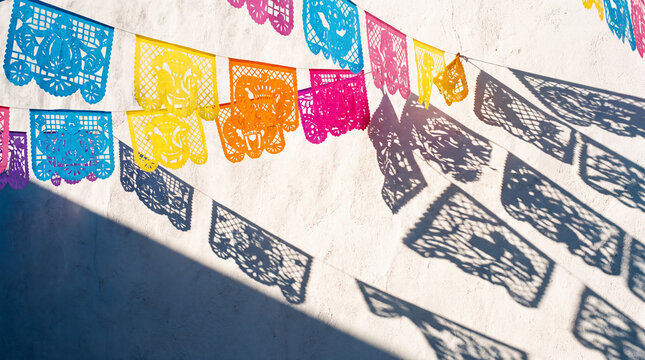 Mexican Papel Picado Bunting Hanging Against a White Wall