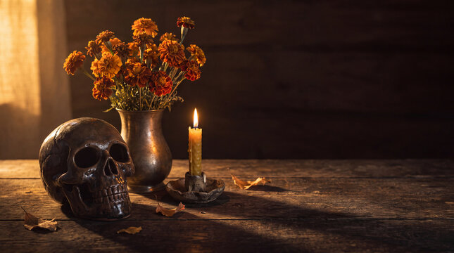Human skull near flowers and candle on wooden table