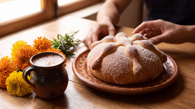 Pan de Muerto on a plate with hot chocolate