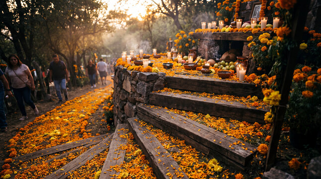 Dia de los Muertos altar with candles and marigolds