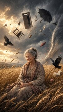 Persona seduta in campo con oggetti sospesi e atmosfera surreale
