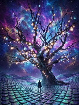 Albero simbolico con luci luminose in paesaggio surreale  