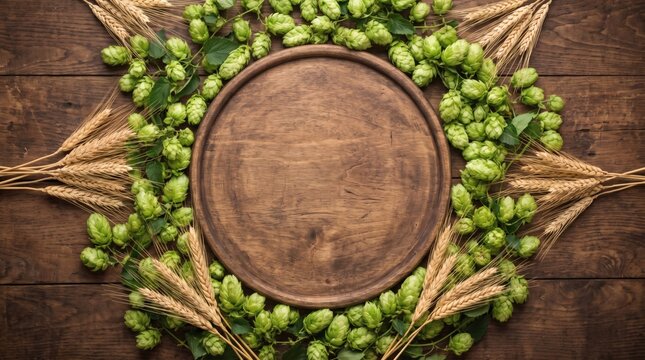 Round wooden tray framed by hops and barley on rustic table