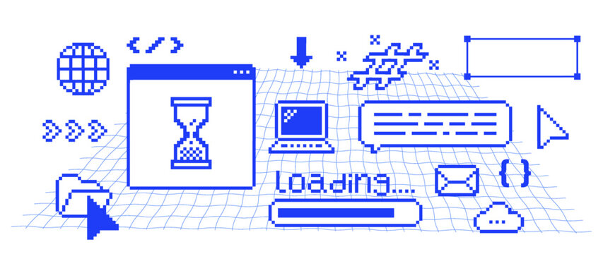 Retro pixel art web development interface with browser window, laptop, globe, code symbols, loading bar, cursor and message elements for websites, apps and digital technology. Vector illustration