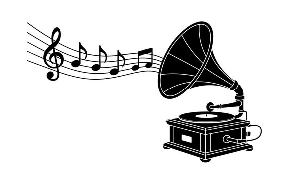 Vintage gramophone playing music notes vector illustration.