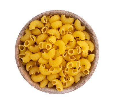 raw chifferi rigati pasta in wooden bowl isolated
