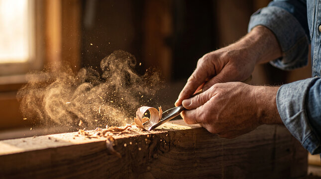 Artisan carpenter hands carving timber wood with a gouge chisel in a dusty sunlit workshop