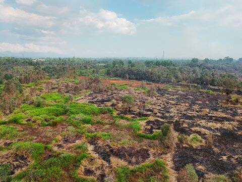 Aerial view of smoke billowing over a scorched landscape with patches of burnt vegetation and green forest in Banjarbaru, South Kalimantan, Indonesia.