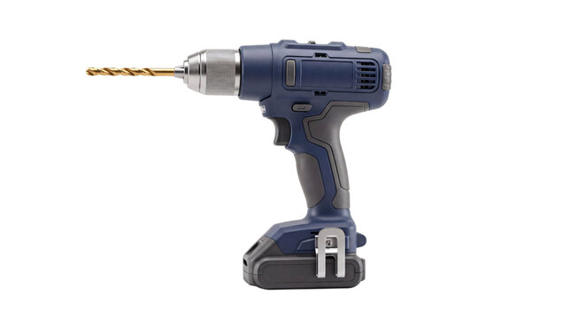 Blue cordless power drill with gold metal drill bit on white isolated on png transparent background