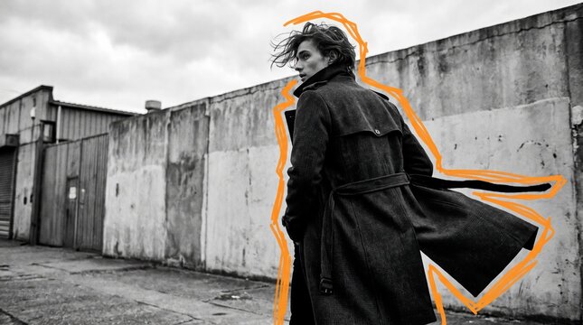 Confident woman strides past concrete wall traced in a bold illustrated orange outline