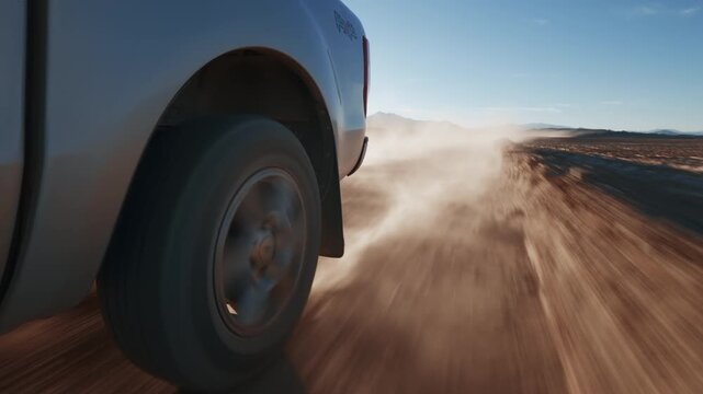 Offroad SUV / Pick Up Truck driving through Campo de Piedra Pomez in Catamarca Argentina. Rear Wheel detail POV, sunrise.