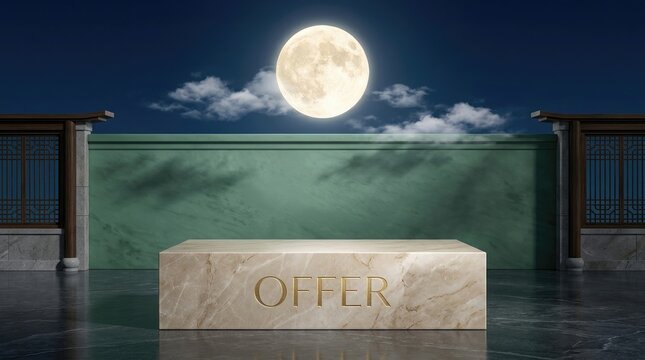 A stone pedestal display for product presentation during the traditional mid autum festival china celebration under bright full moon