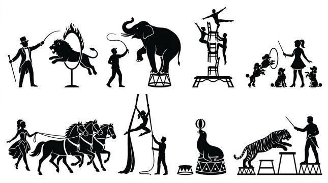 Vintage Circus Performance Silhouettes Set with Animal Trainers, Acrobats, and Trained Animals