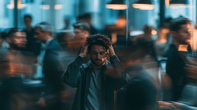 Stressed and overwhelmed young man holding head in hands standing amidst fast moving blurry crowd in busy corporate office for mental exhaustion, anxiety, and sensory overload concepts.