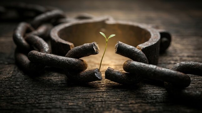 Broken rusty iron chain shackle, small green plant sprout growing, symbolizing slave slavery liberation, hopeful captive escape, release from harsh dark oppression confinement.