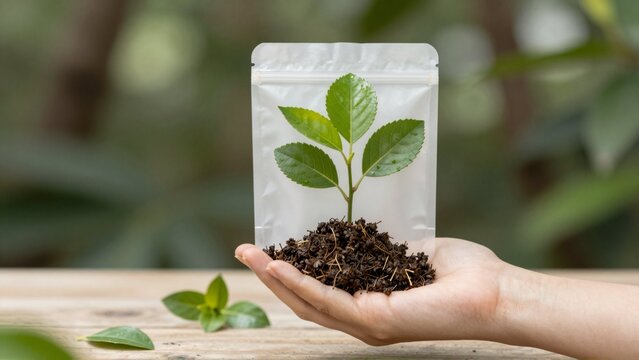hand holding small plant transparent plastic bag bag filled soil plant has two green leaves background blurred appears wooden table few green leaves scattered around overall mood peaceful natural