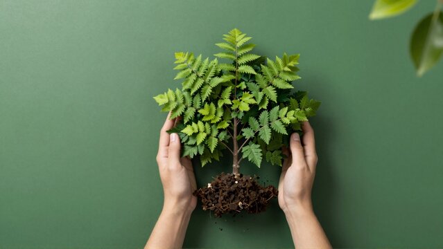 pair hands holding small tree green leaves hands gently cradling tree their palms soil visible bottom background solid green color few leaves visible top right corner tree appears healthy well