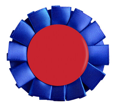 Blue ribbon rosette award with blank red center and transparent background